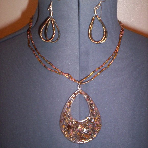 BROWN 2 PC Teardrop Beaded Necklace & Earrings, 0161, - Picture 1 of 3